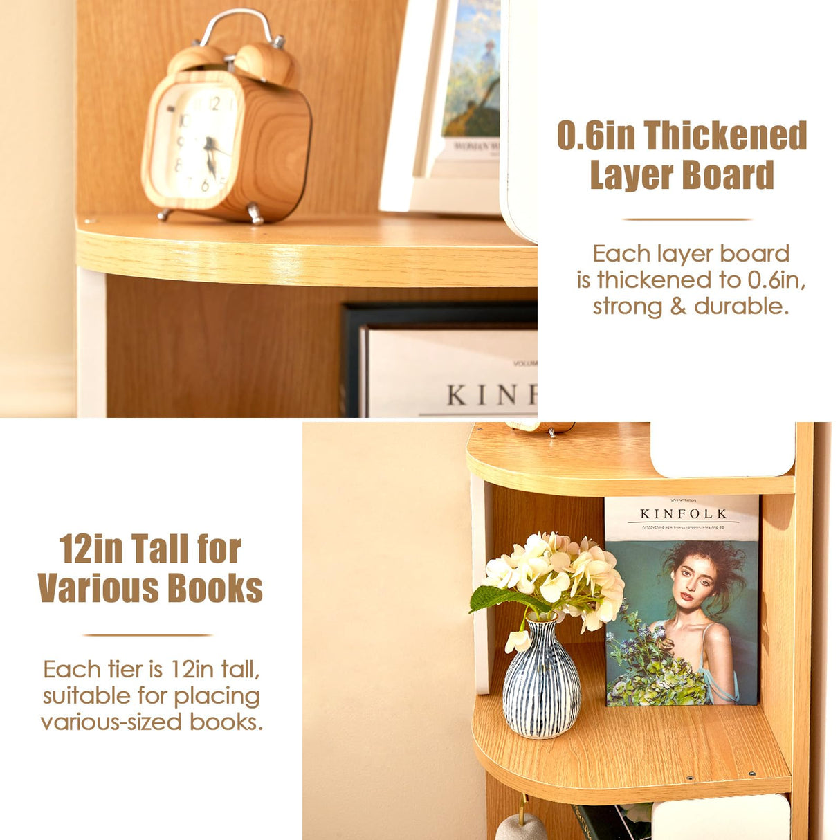 3-Tier Wood Corner Bookshelf, Nordic Style Modern Book Shelf