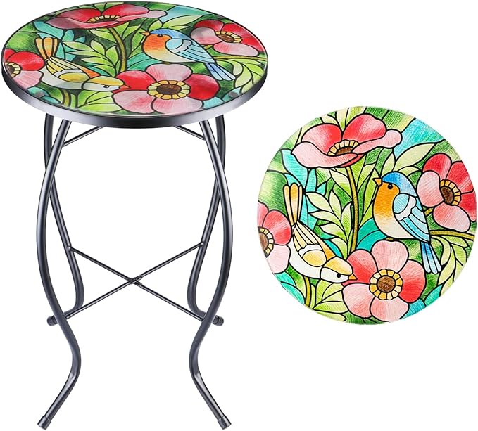 Patio Side Table Plant Stands Outdoor Accent Table Small Mosaic Table Glass
