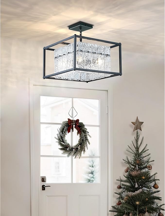 Modern Black Crystal Chandeliers for Dining Room, Luxury Water Ripple Glass Light Fixture