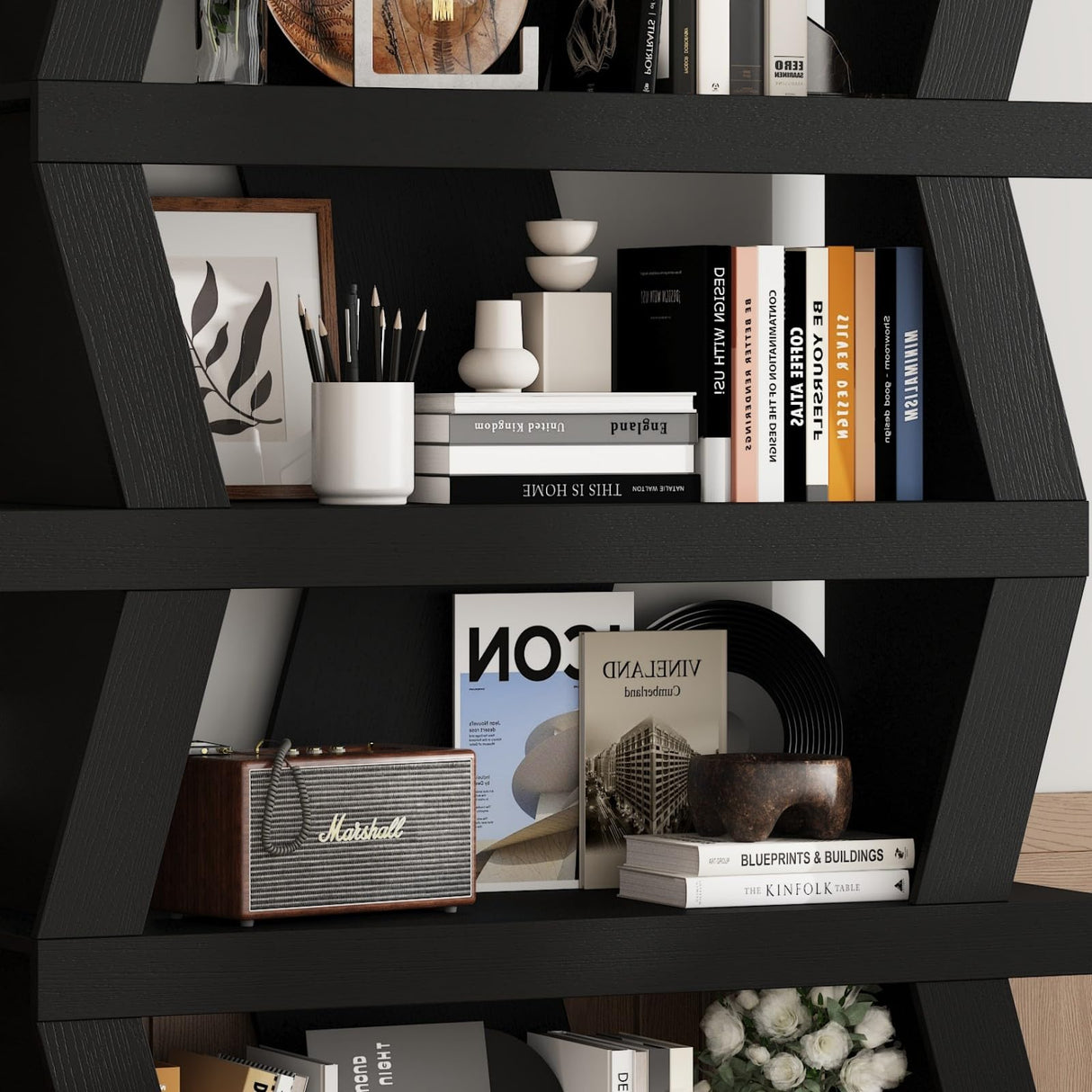 FAMAPY 63.8” Wavy-Shaped Bookshelf with 5-Tier Shelves, Standing Display Book Shelves, Book Case Shelf Wood Open Bookcase for Home Office Living Room 11.5”D x 35.4”W x 63.8”H