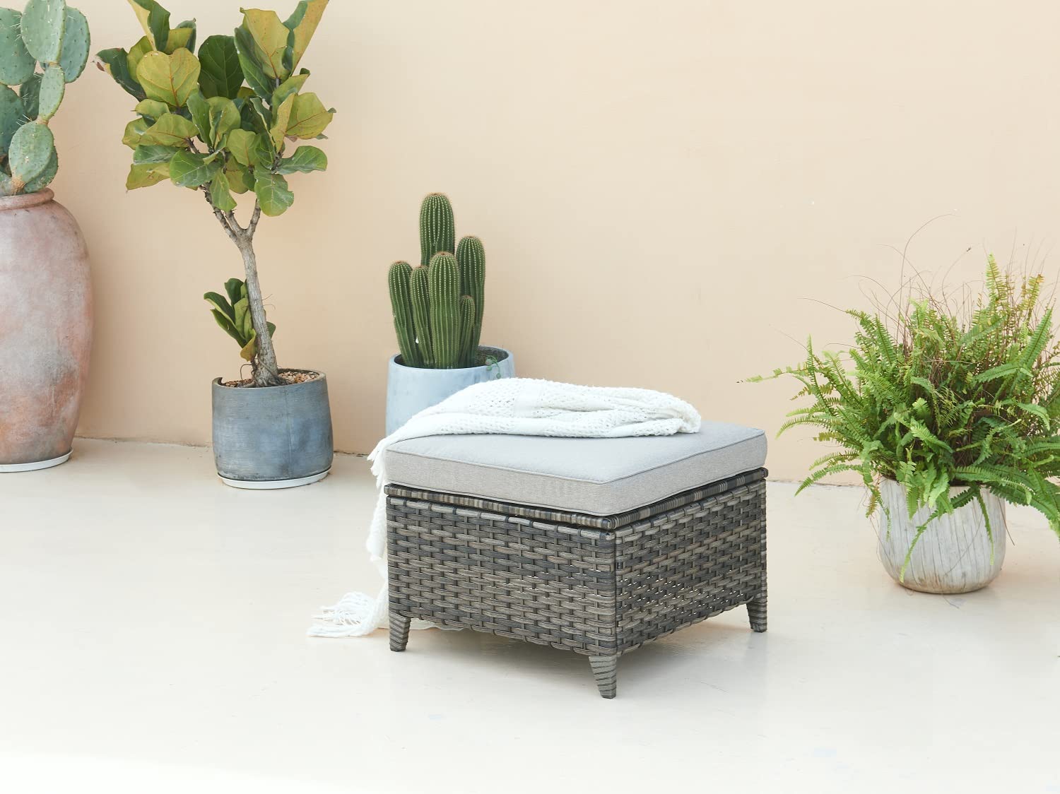 Outdoor Ottomans for Patio Set of 2 PE Wicker Steel Frame Outdoor Footstool for Patio