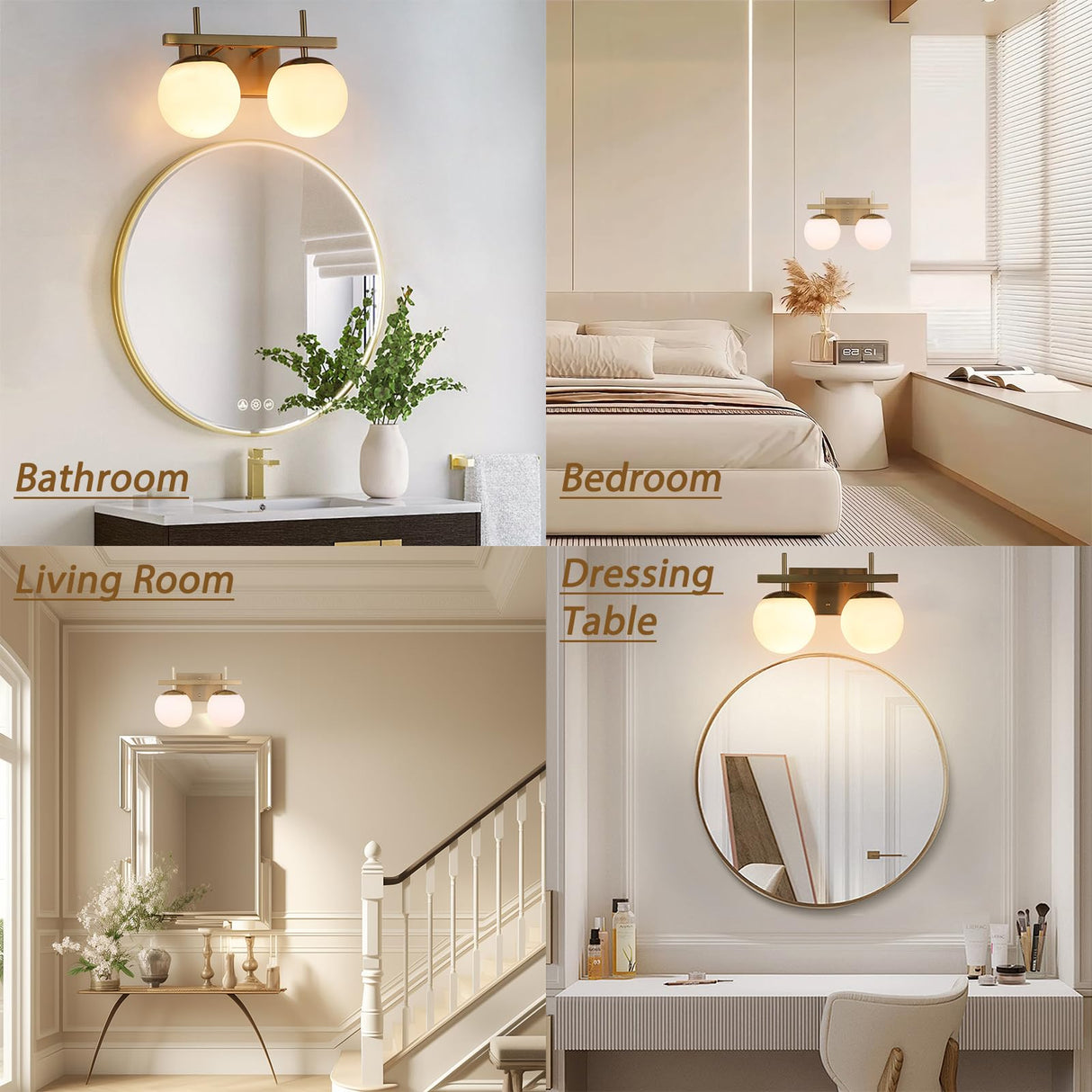 Gold Mid Century Modern Vanity Light Fixtures, 2 Light Bathroom Vanity Light,Globe