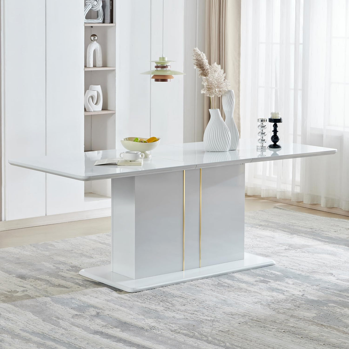 Extendable White Gloss Dining Table - 63 to 80.7 Inch Rectangular Table for 6-10 People