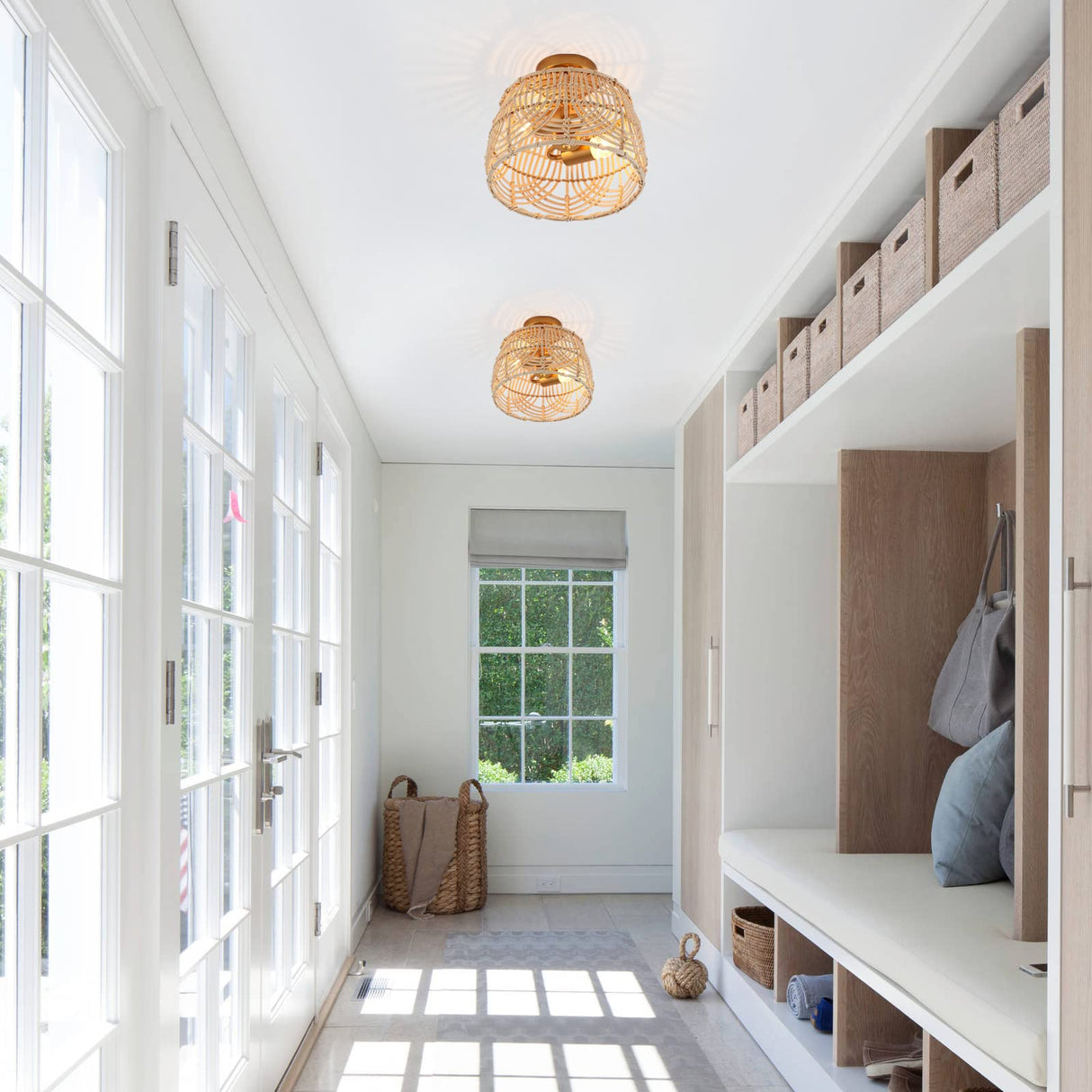 Woven Rattan Bamboo Brass Flush Mount Ceiling Light, Wicker Light Fixture for Entryway