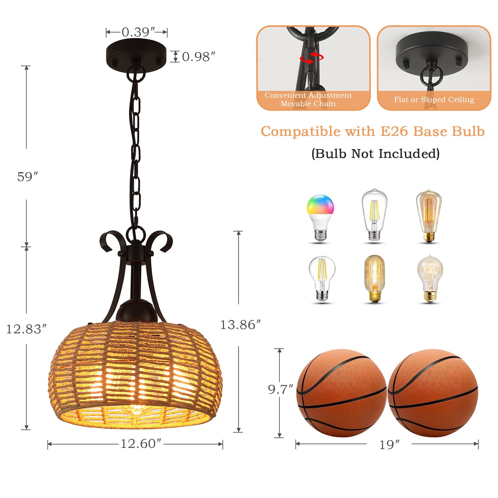 ZSYSZM 12.6”Boho Large Light Fixture,3-Lights Farmhouse Chandelier for Dining Room,Coastal Wicker Chandeliers,Rattan Pendant Light Kitchen Island,Rustic Chandelier Over Table,Bedroom,Hallway, Foyer