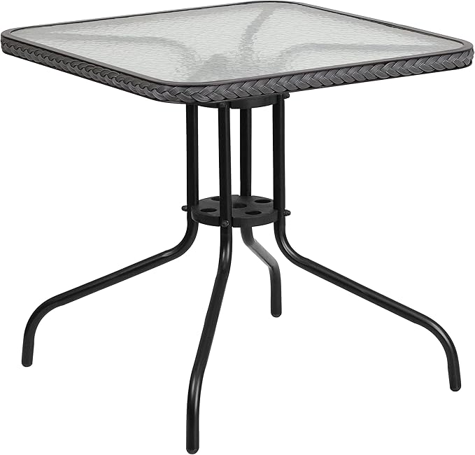 Barker 28'' Square Tempered Glass Metal Table with Dark Brown Rattan Edging