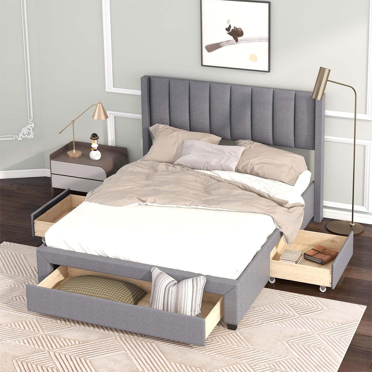 Upholstered Platform Bed with a Large Drawer in Footboard and 2 Drawer on Side,