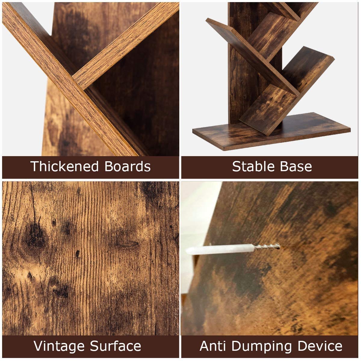 Tree Bookshelf, 9-Shelf Floor Standing Bookcase, Space Saving CDs/Albums/Books Holder for Living Room, Home Office, Book Organizer w/Anti-toppling Device (Rustic Brown)