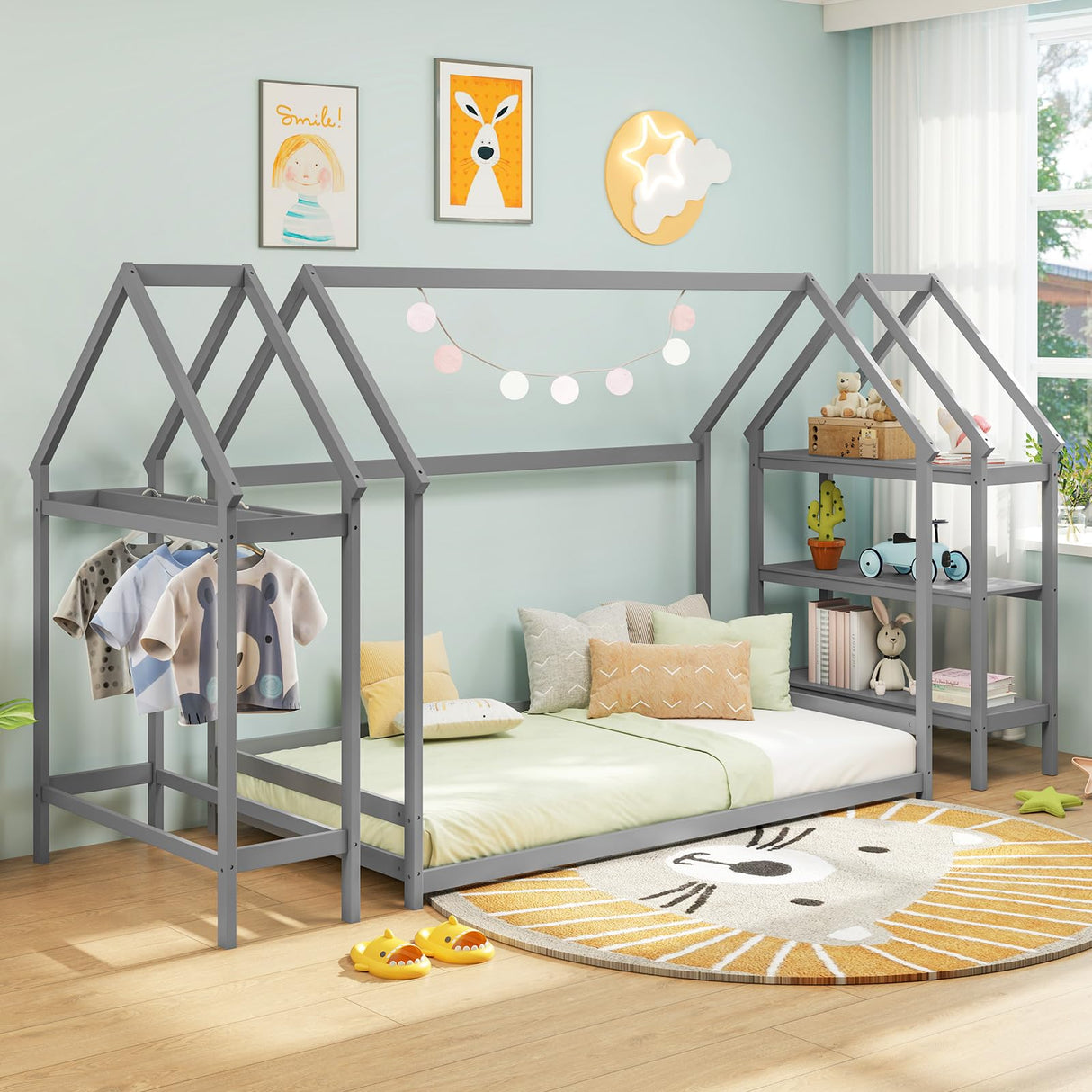Twin Floor Bed, Wood Montessori Floor Bed with Detachable 3 Tier Storage Bookshelf & Clothes Rack