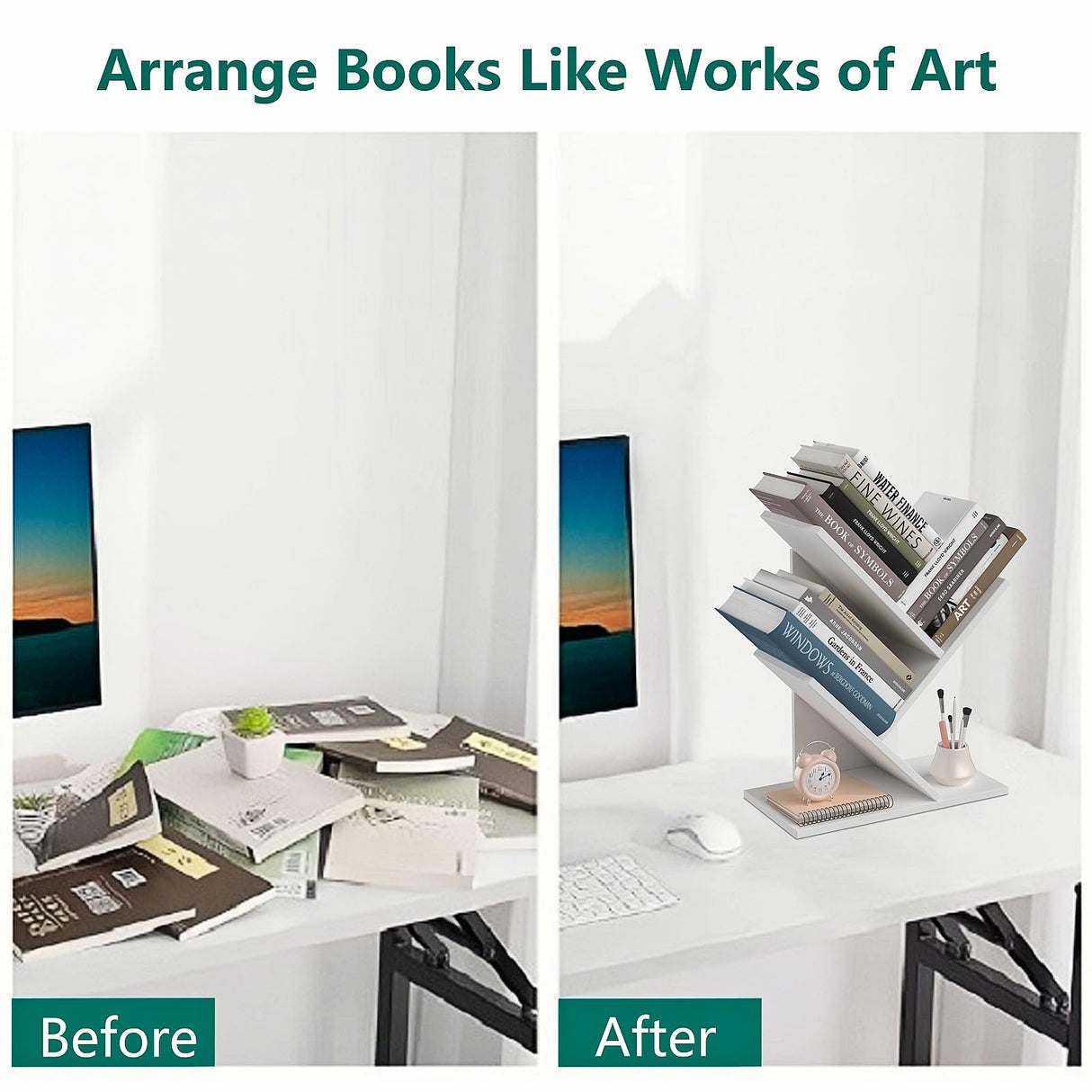 ZRWD Tree Bookshelf, 3-Tier Book Storage Organizer Shelves Floor Standing Bookcase, Wood Storage Rack for Office Home School Shelf Display for Cd/Magazine(White)