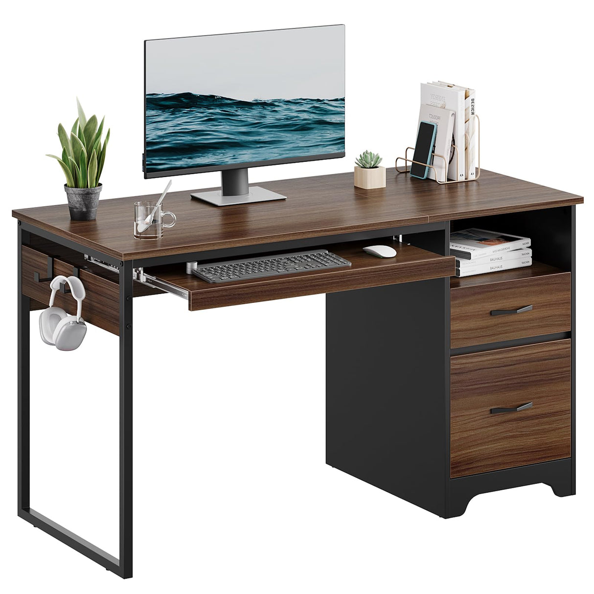 Computer Desk with Drawers, Office Desk with Storage, Industrial Wood Writing Desk