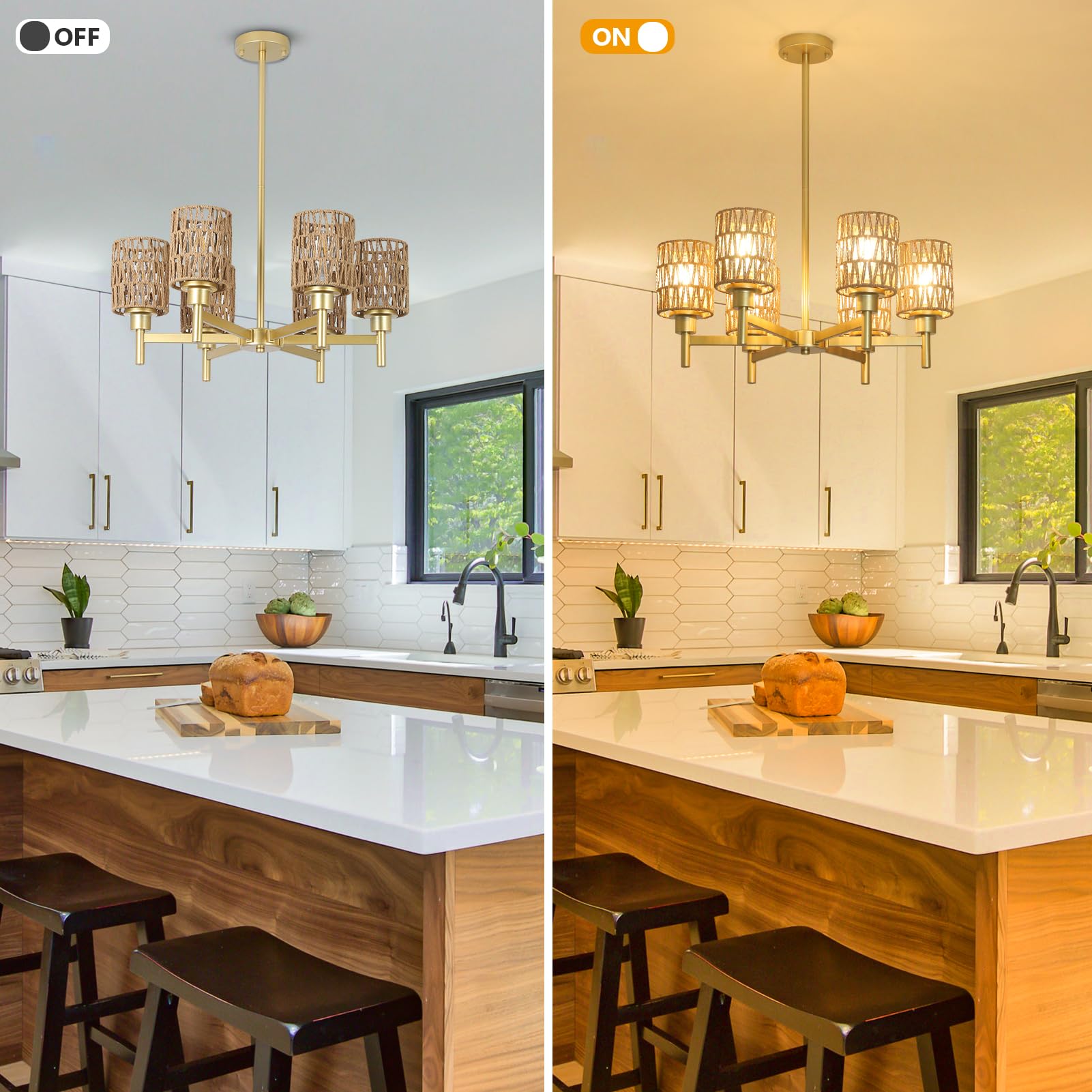 6-Lights Gold Chandelier Light Fixture - Boho Rattan Chandeliers for Dining Room, Farmhouse Kitchen Lighting Fixtures Ceiling, Hanging Pendant lights for Kitchen Island Bedroom Living Room Nursery