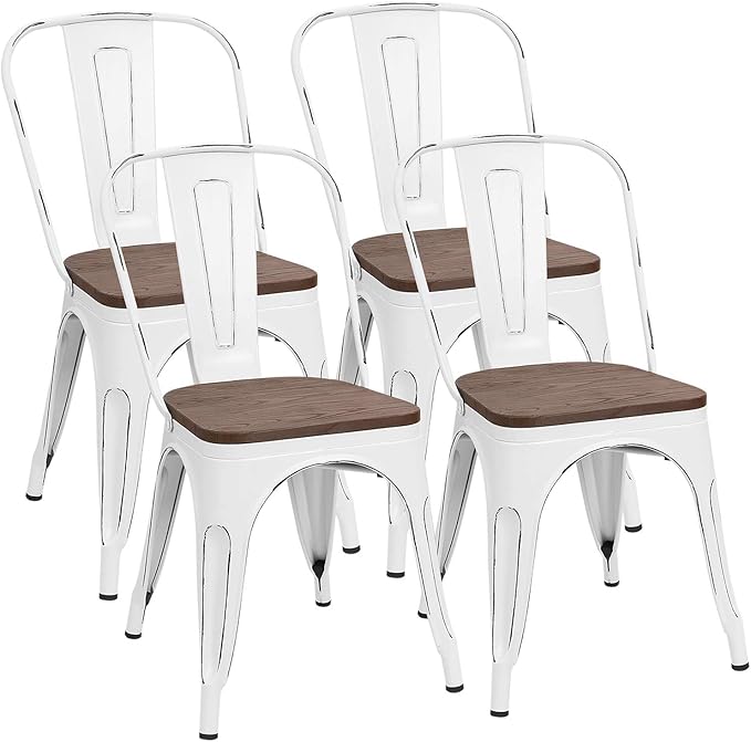 Metal Dining Chairs with Wood Seat, Indoor-Outdoor Use Stackable Chic Dining Bistro