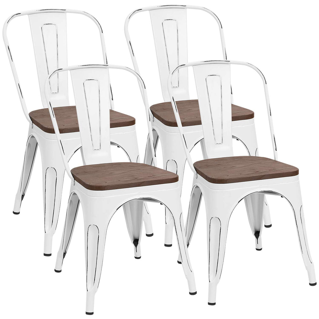 Metal Dining Chairs with Wood Seat, Indoor-Outdoor Use Stackable Chic Dining Bistro