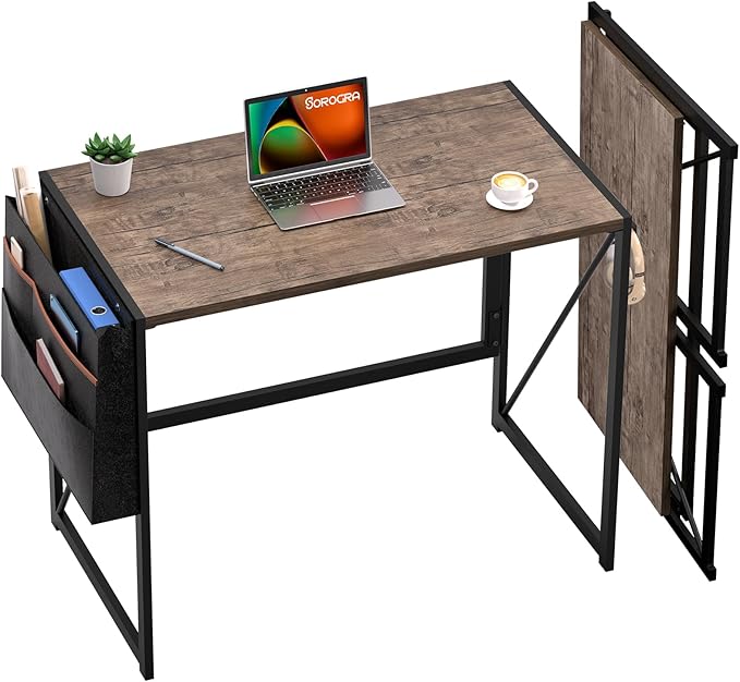 Small Folding Desk, 31.5 Inch Spaces Saving Foldable Table with Storage Pocket