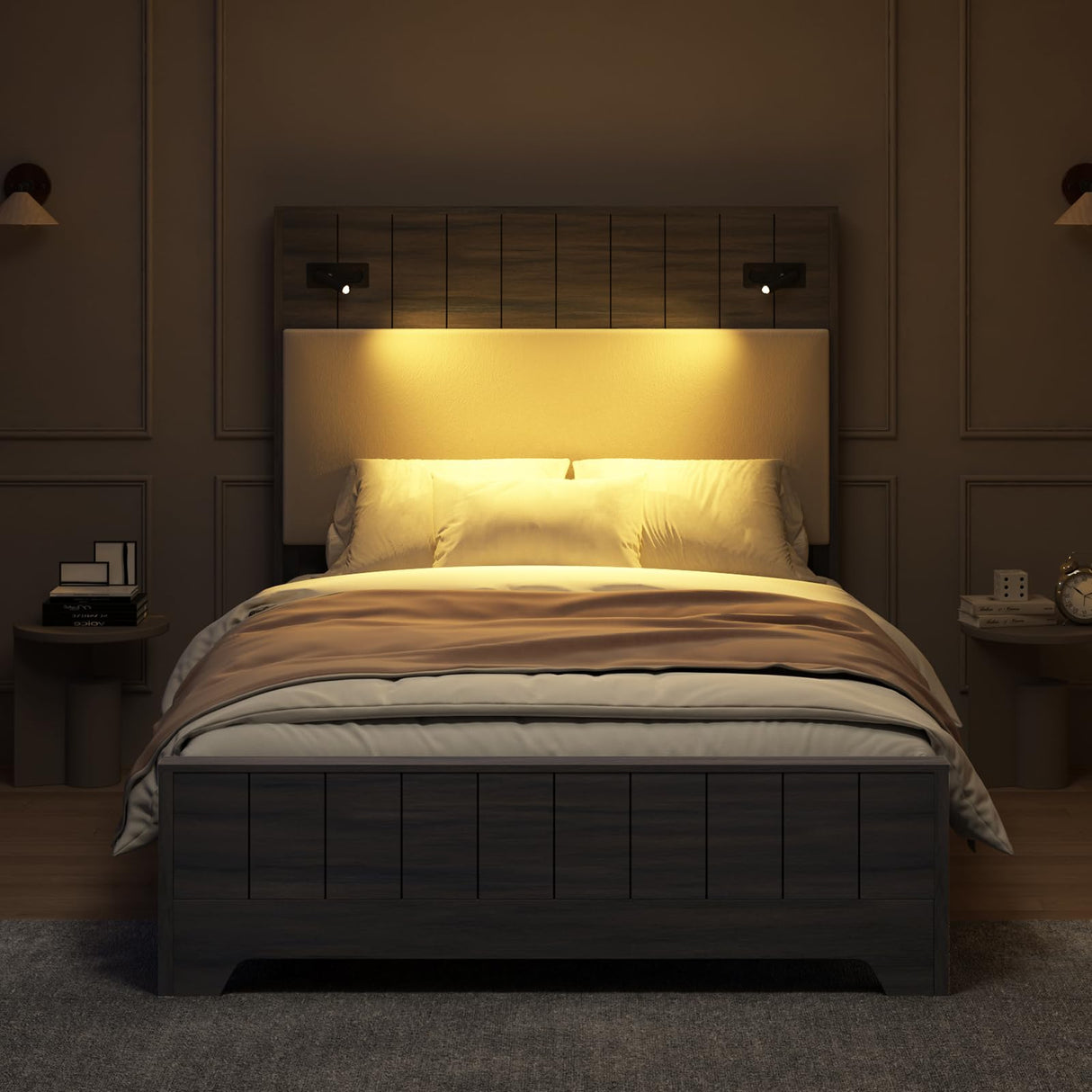 Queen Size Bed Frame with 57" Tall Headboard, Modern Platform Bed Frame