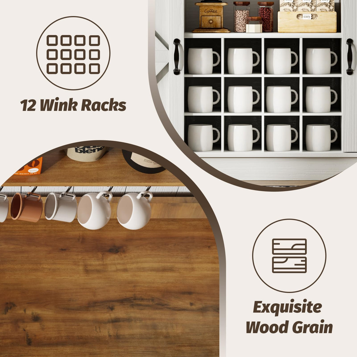 Farmhouse Coffee Bar Cabinet with 8 Hooks, 55ā Kitchen Hutch Cabinet with Storage