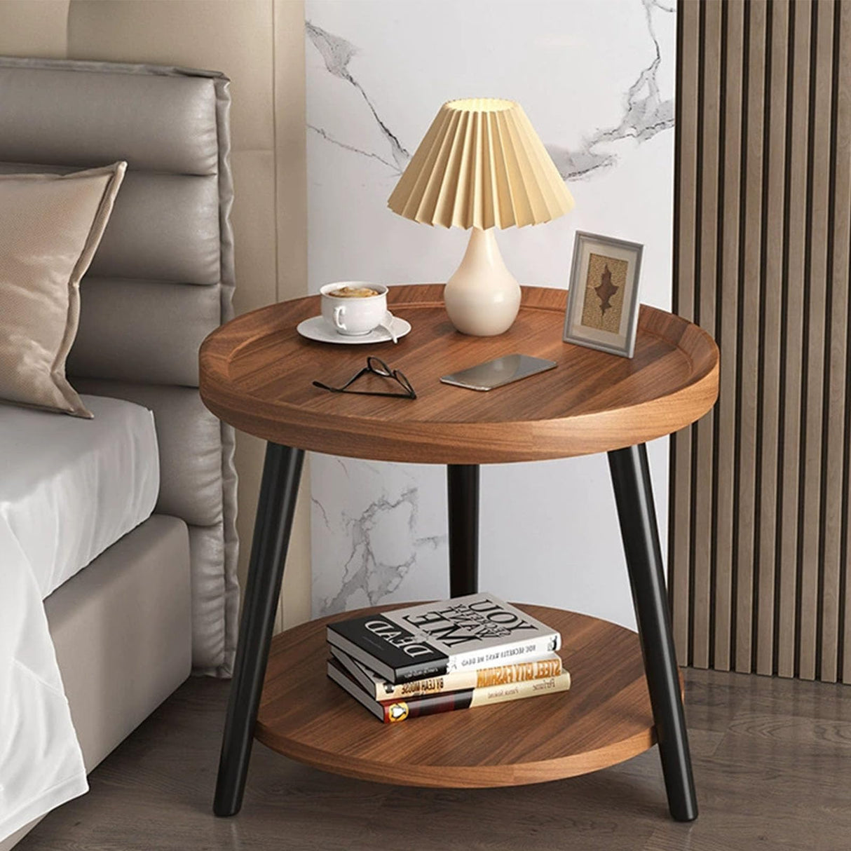 Small Round Side Table, 2-Tier Circle Coffee Table, 19.7inch Round End Table