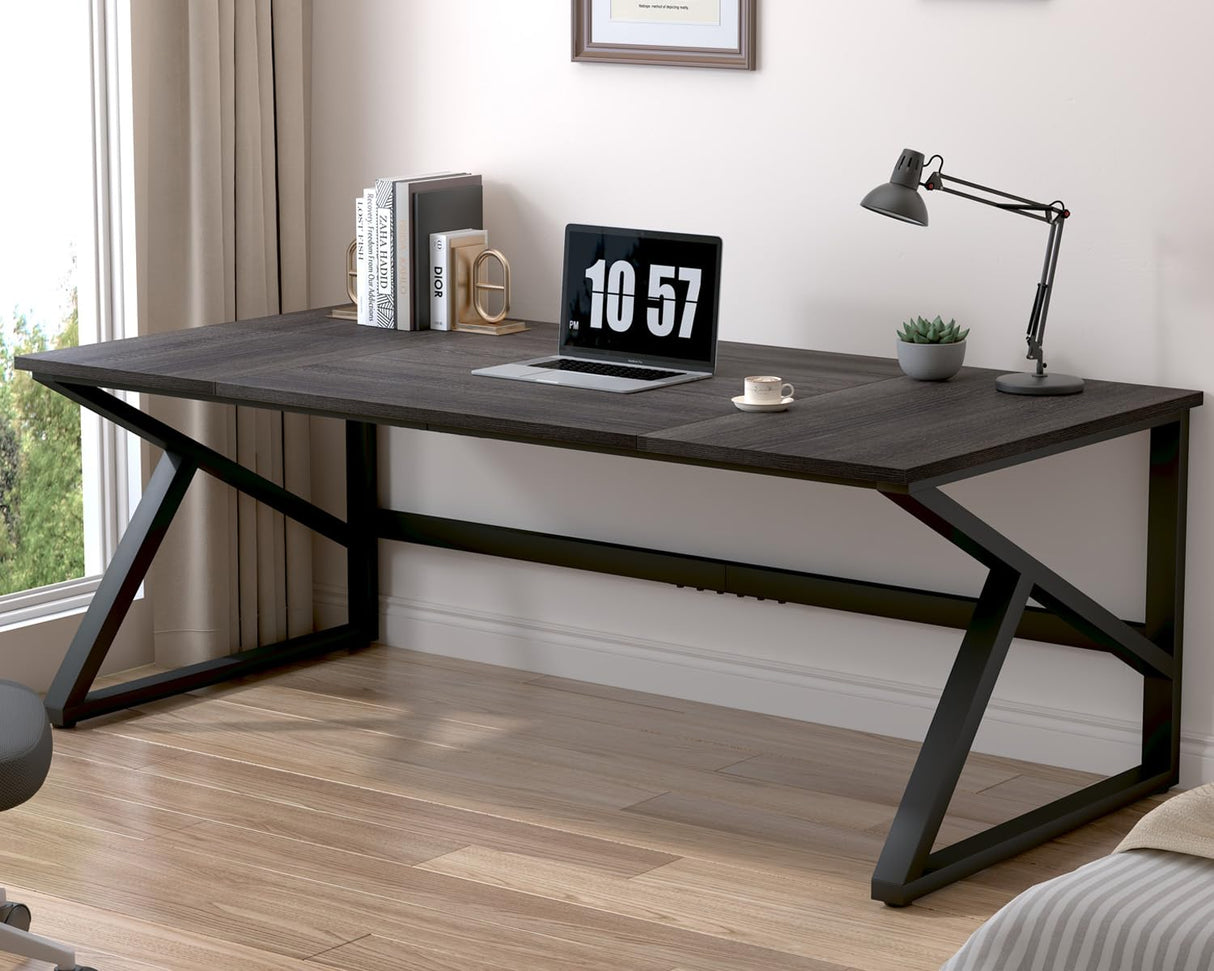 Long Desks for Home Office, Large Metal Wooden Computer Desk for 2 Monitors