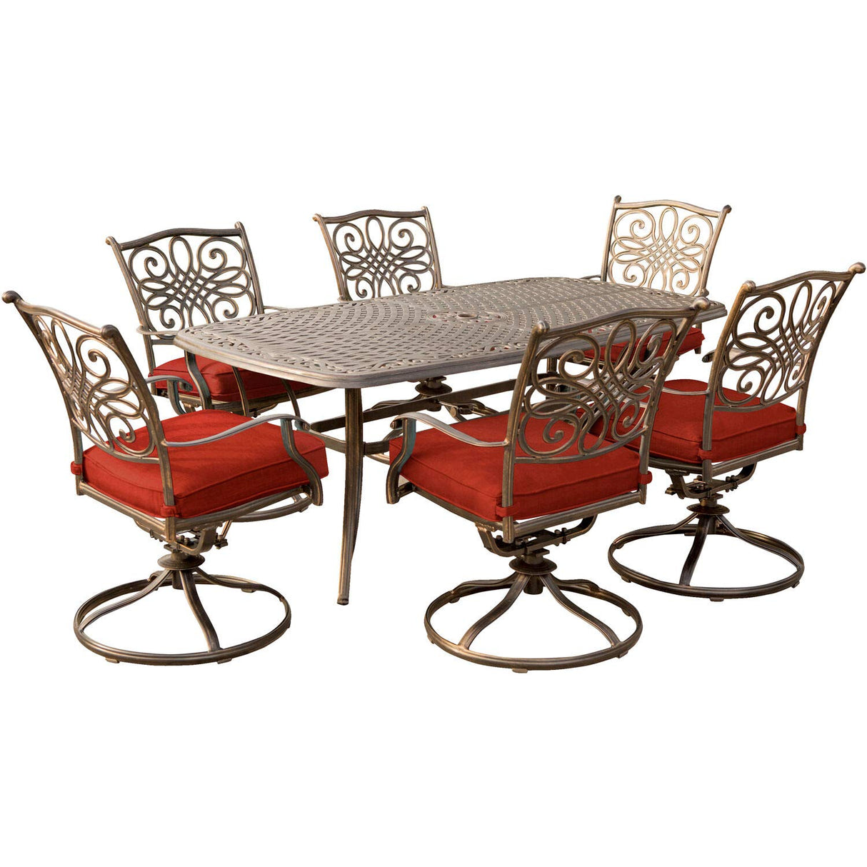 Traditions 7-Piece Outdoor Dining Set for 6 with Red Cushions, 6 Swivel Rockers