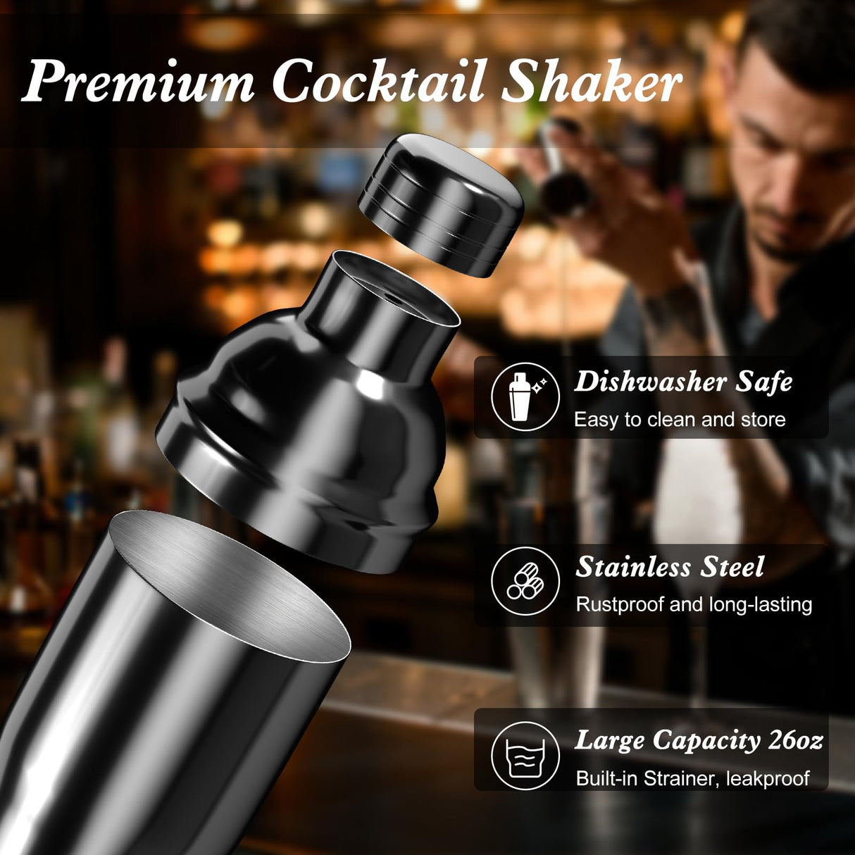 Cocktail Shaker Set with Bamboo Stand, 26-Pieces Bartender Kit 25 oz Martini Bar Tools Set