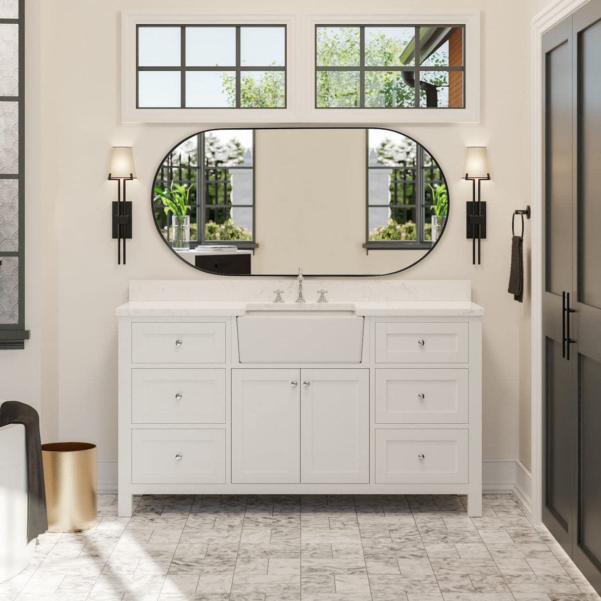 Black Oval Bathroom Mirror Pill Shaped Oblong Vanity Mirror Metal Framed