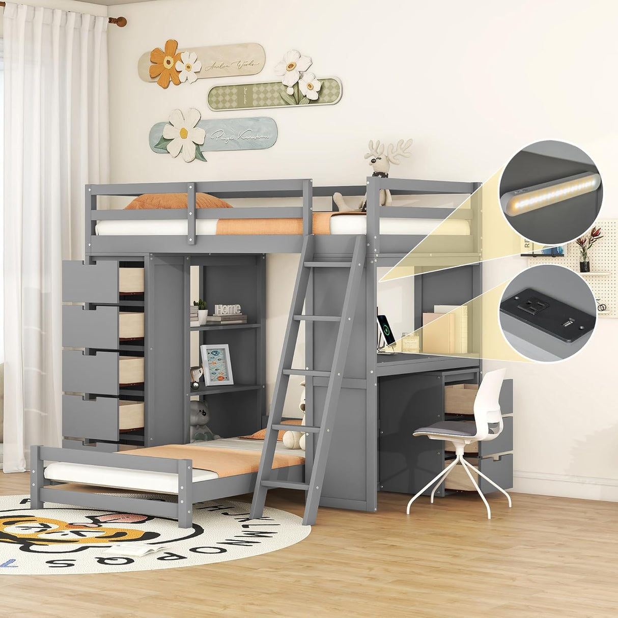 Over Twin Bunk Bed Loft Bed with Desk/ 8 Drawers/ 3 Shelves/Stairs/LED Light and USB