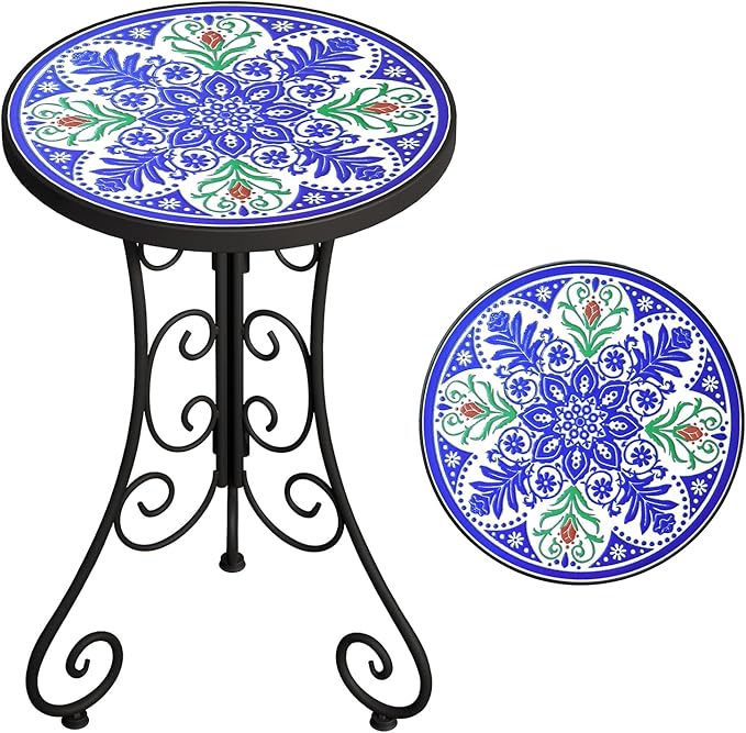 Mosaic Outdoor Side Table, Patio Side Table, Weather Resistant 14" Diameter 21" H Ceramic