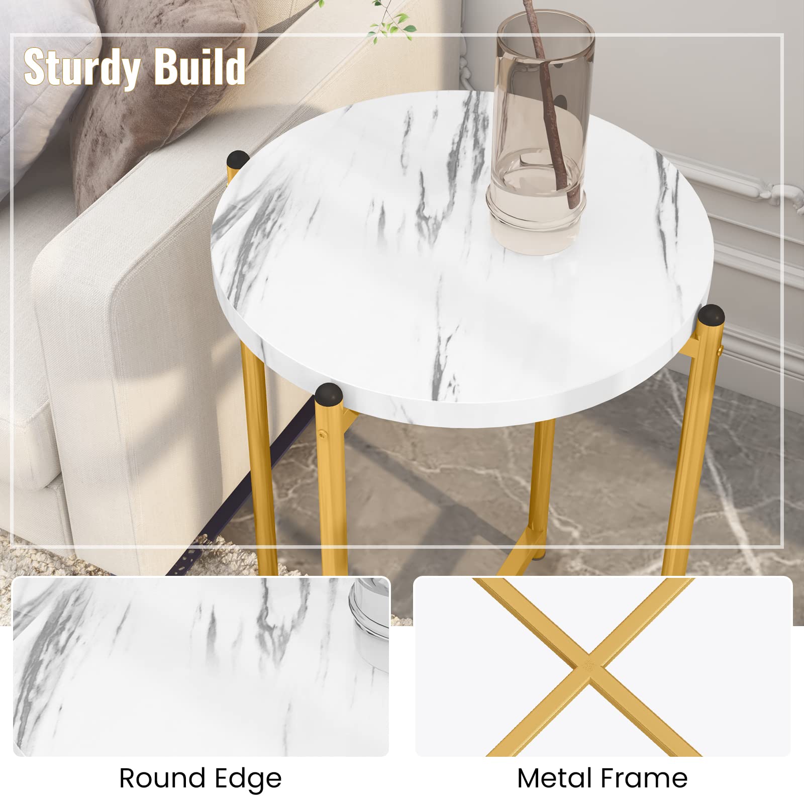 3 Pieces Living Room Table Set, Faux Marble Coffee Table with Round End