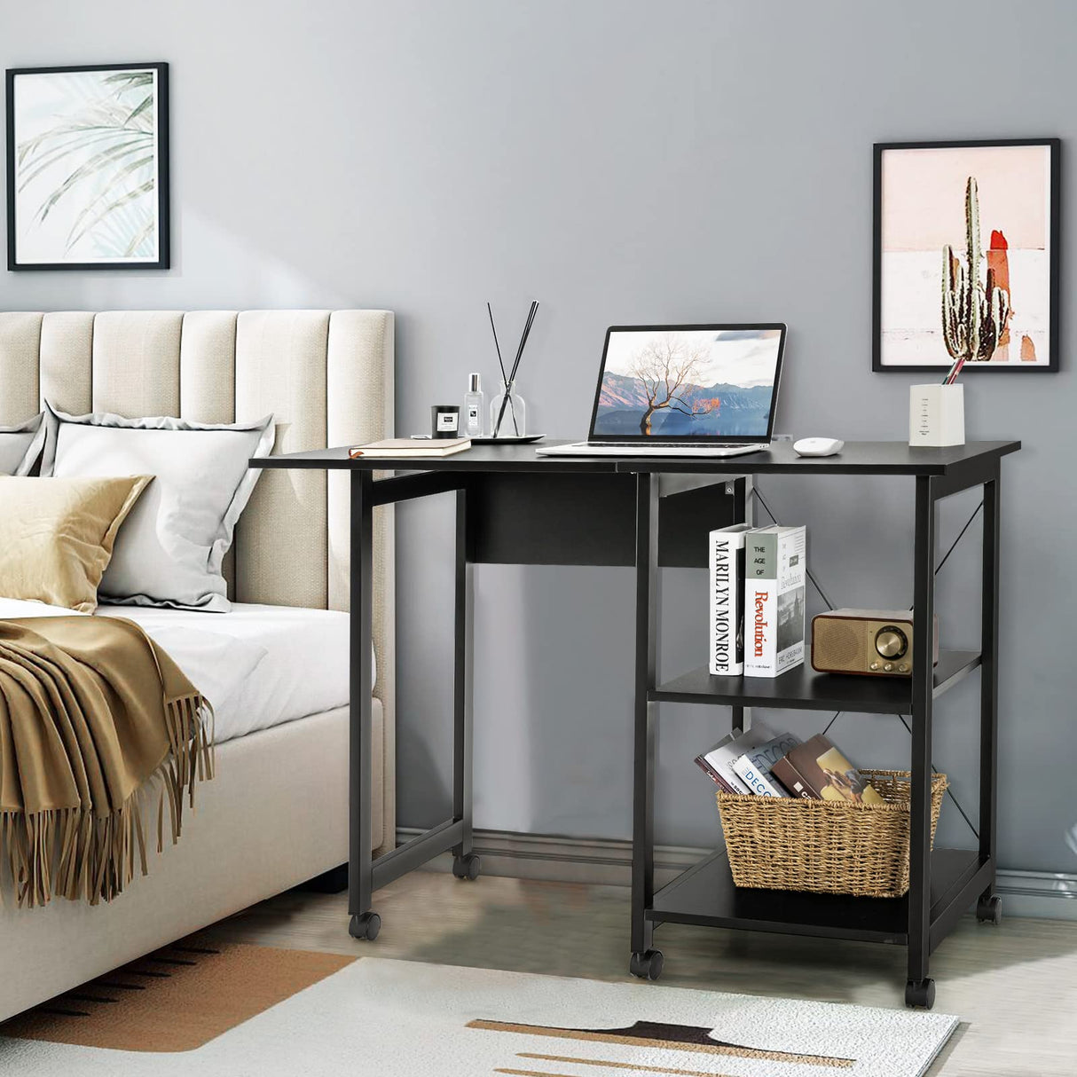 Folding Computer Desk, Modern Writing Table w/ 2-Tier Storage Shelves