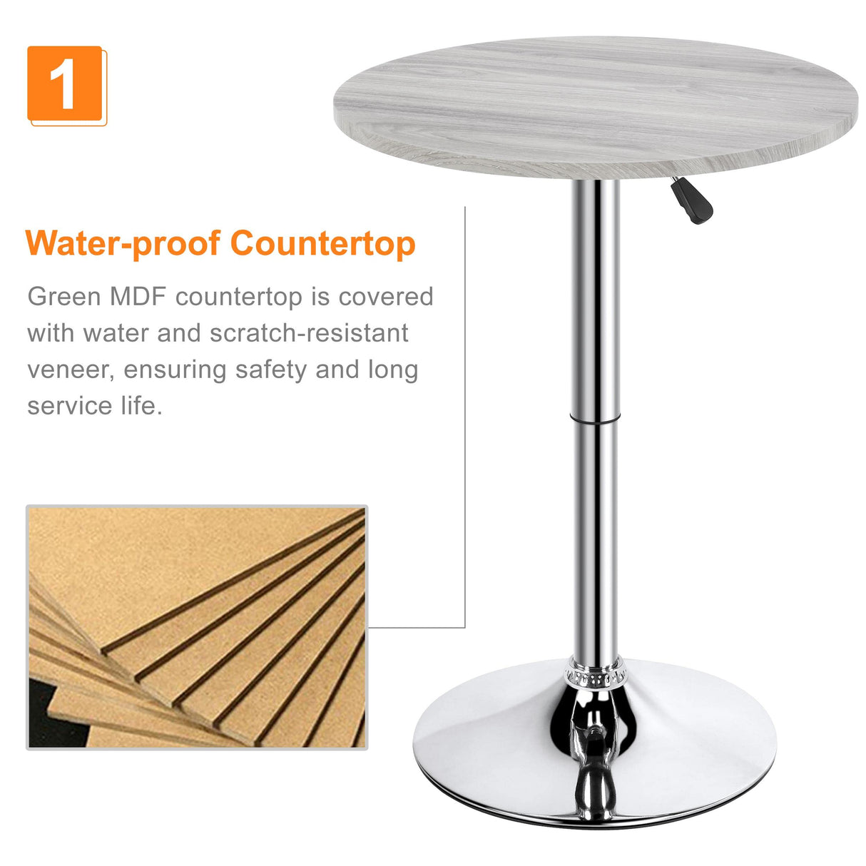 Round Pub Table Height Adjustable with 360 Swivel MDF Tabletop