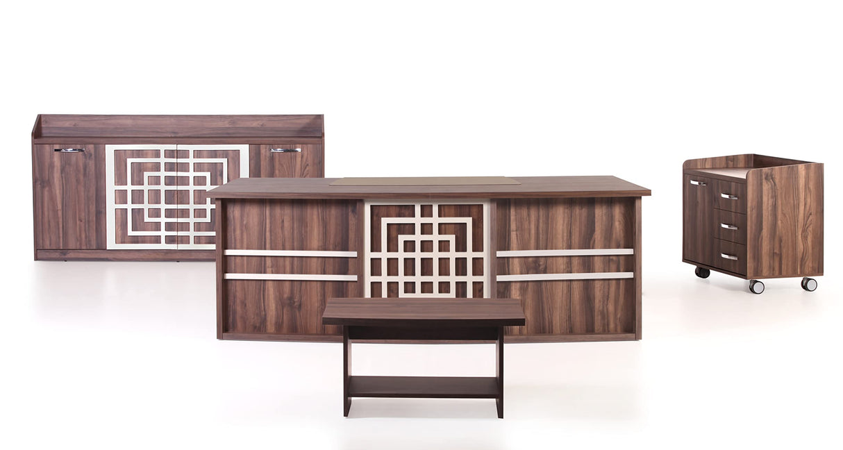 87" Wood Office Furniture Set of 4pcs | Executive Desk w/Leather Pad