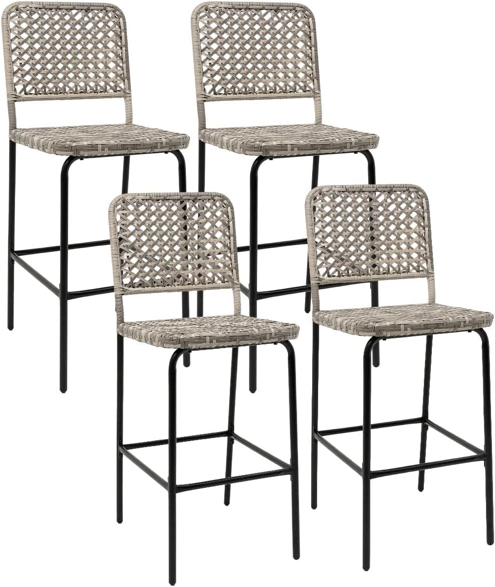 Patio Bar Stools Set of 4, Hand Woven PE Rattan Hollow Back Armless Barstools for Deck
