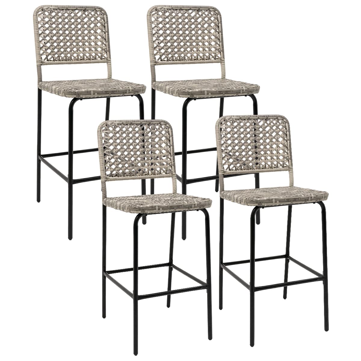Patio Bar Stools Set of 4, Hand Woven PE Rattan Hollow Back Armless Barstools for Deck