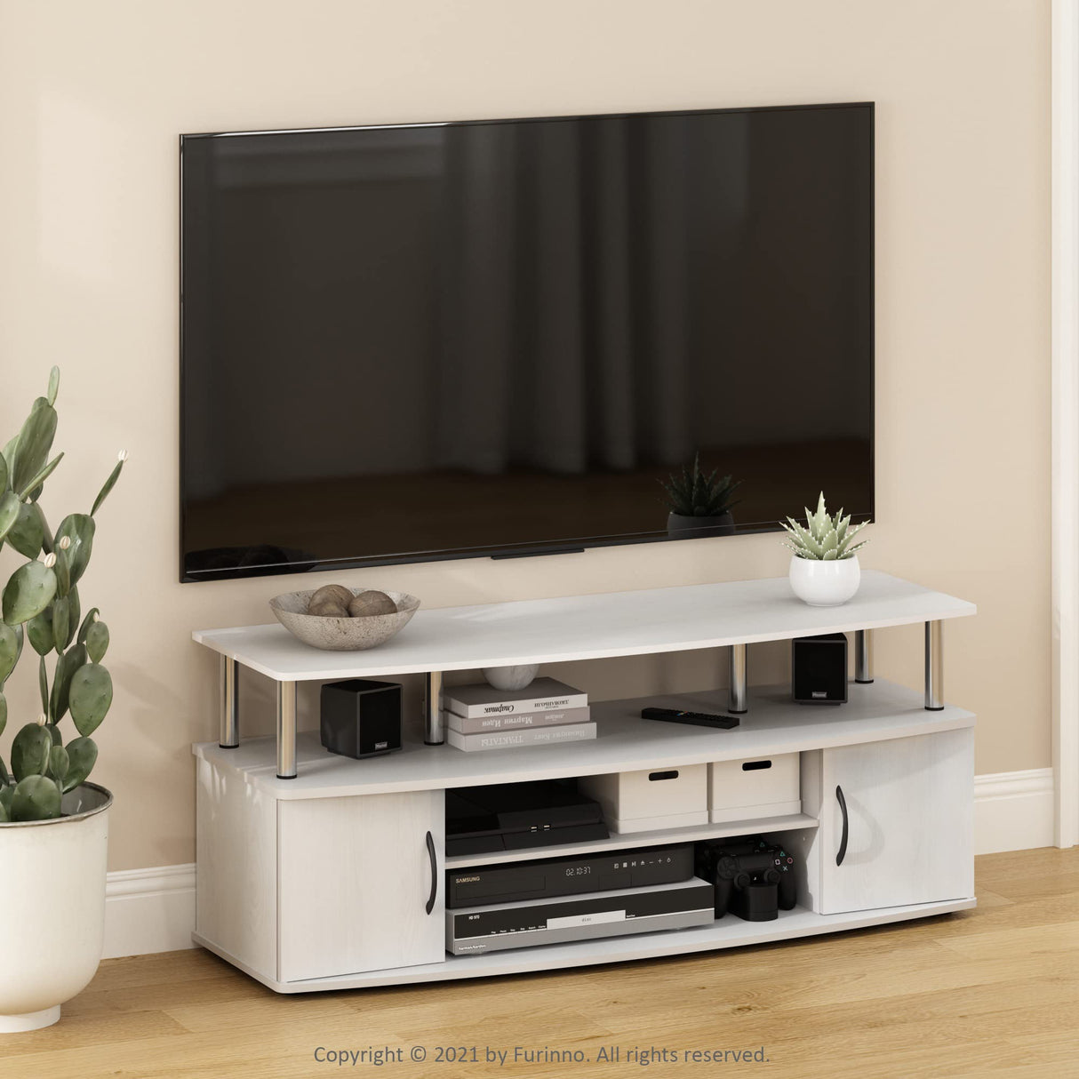 JAYA Large Entertainment Stand for TV Up to 55 Inch, White Oak/Chrome