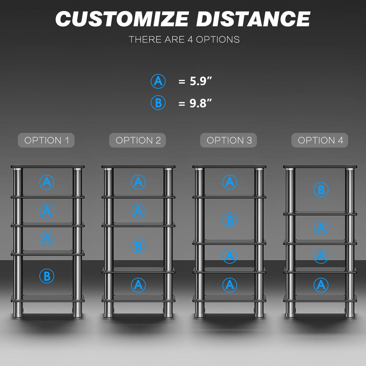 Audio-Video Media Stand with 5-Tier Tempered Glass Shelves, Modern AV Cabinet