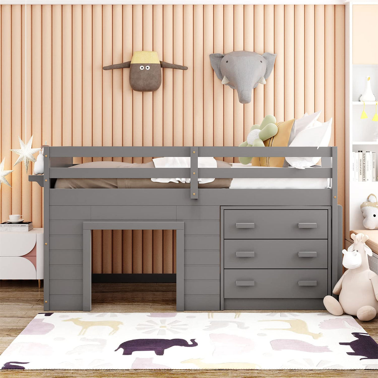 Low Loft Beds with 3 Drawers Twin Loft Bed Frame with Cabinet and Bedside Tray Wood Farmhouse Loft Bed for Kids Girls Boys Teens, Gray