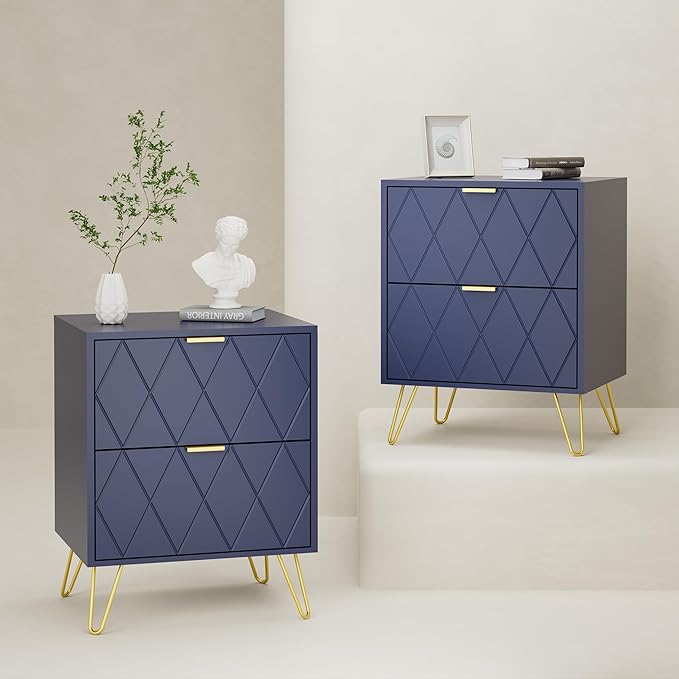 Large Navy Blue Nightstand Set of 2, End Side Table Double, Bedside Table with 2 Drawers