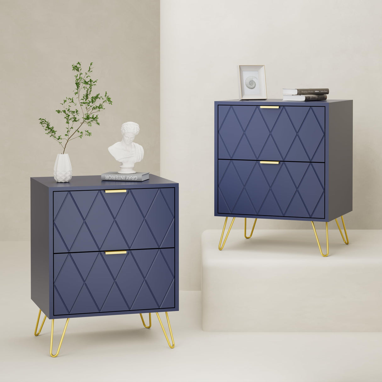 Large Navy Blue Nightstand Set of 2, End Side Table Double, Bedside Table with 2 Drawers