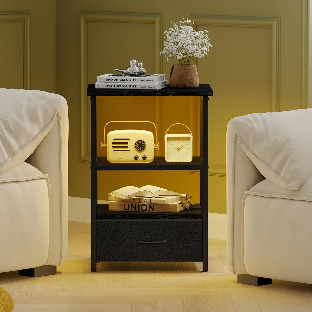 Night Stand Set of 2 with Charging Station, LED Nightstand