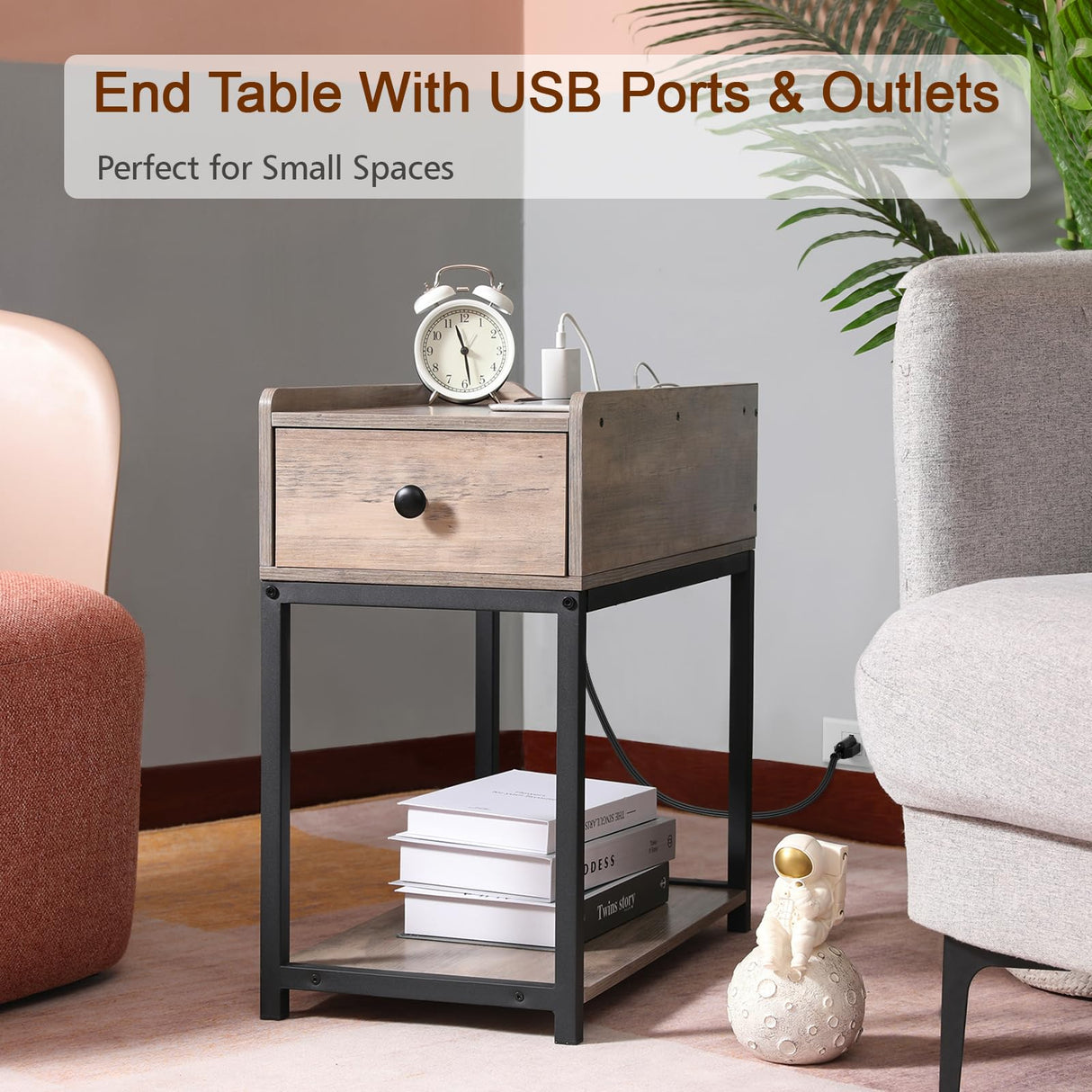 Narrow Side Table, End Tables Living Room Set of 2, Slim Nightstand with Charging Station