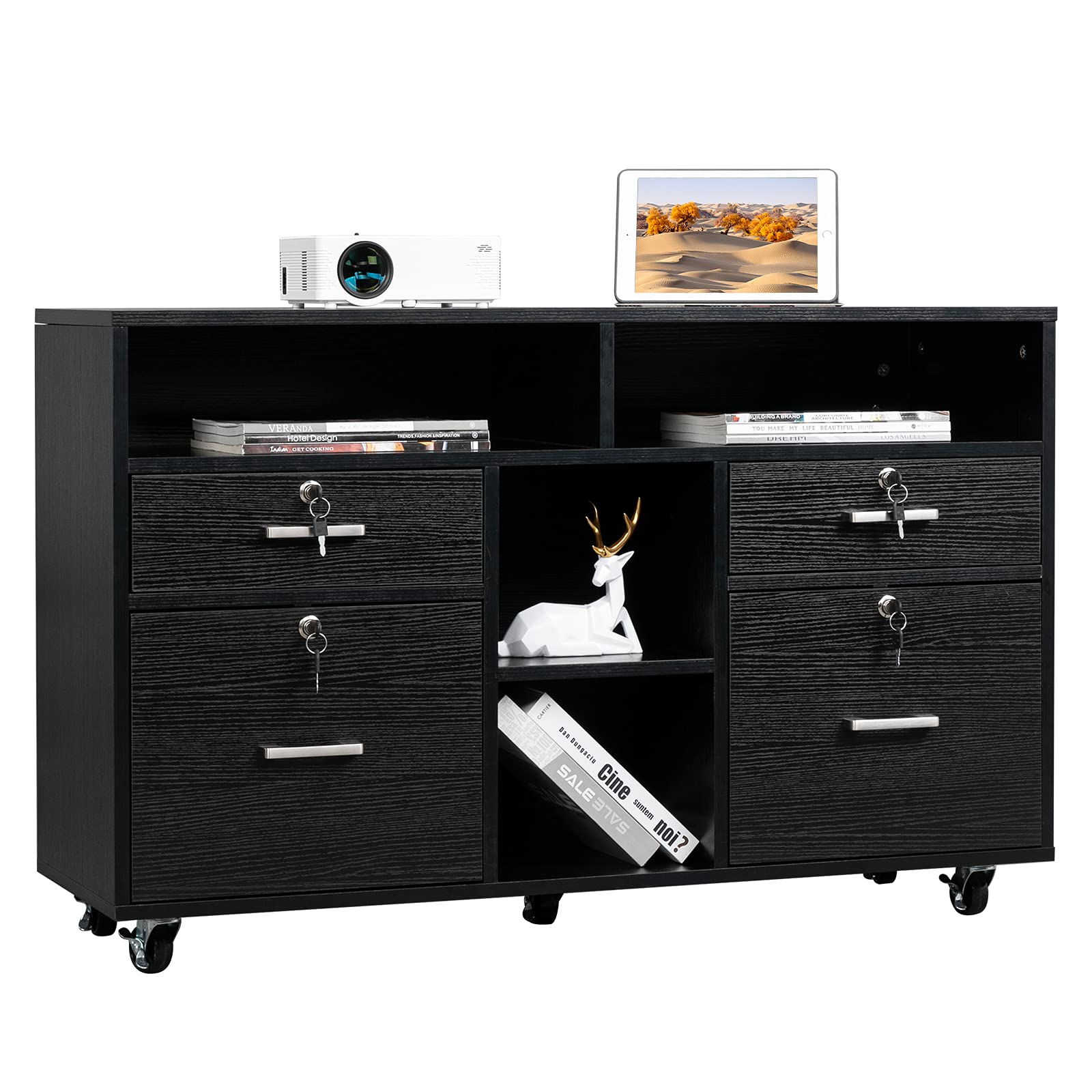 Wood Mobile File Cabinet with 4 Drawers and Shelves, Printer Stand