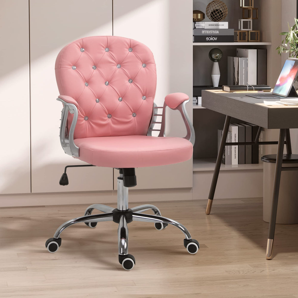 Pink Button Tufted Office Chair with Padded Armrests