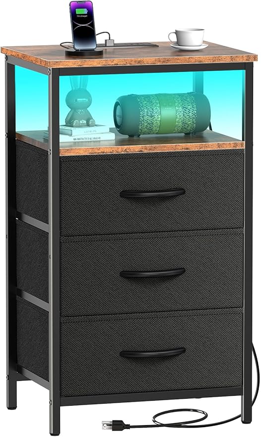 Nightstand with Charging Station, Bedside Table LED Night Stand with USB Ports and Outlets