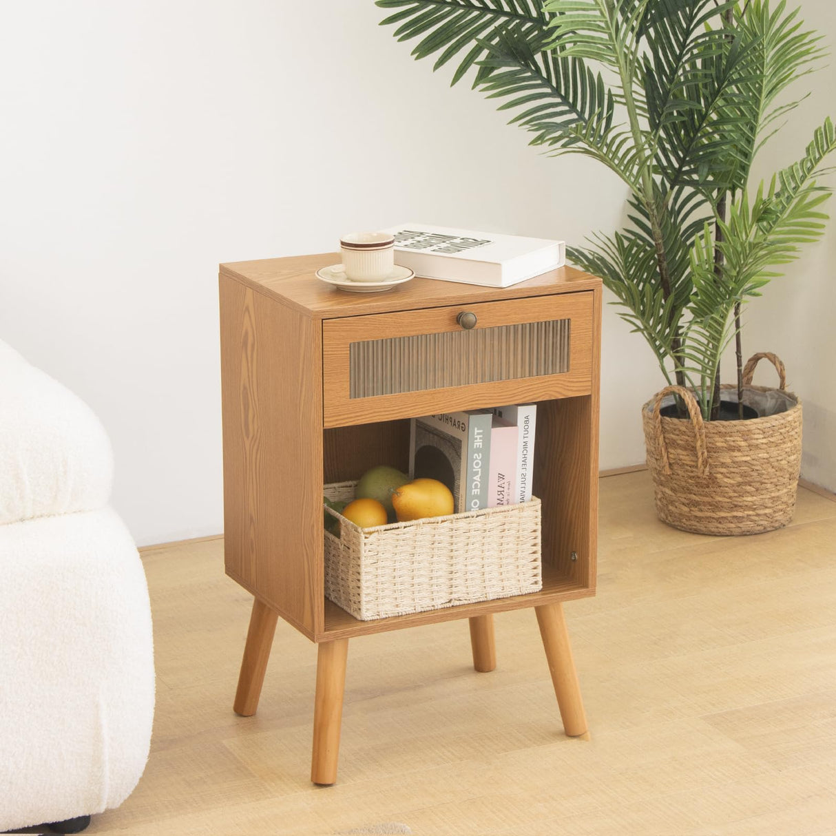 Mid Century Nightstand, Bedside Table with Glass Storage Drawer and Large Open Shelf