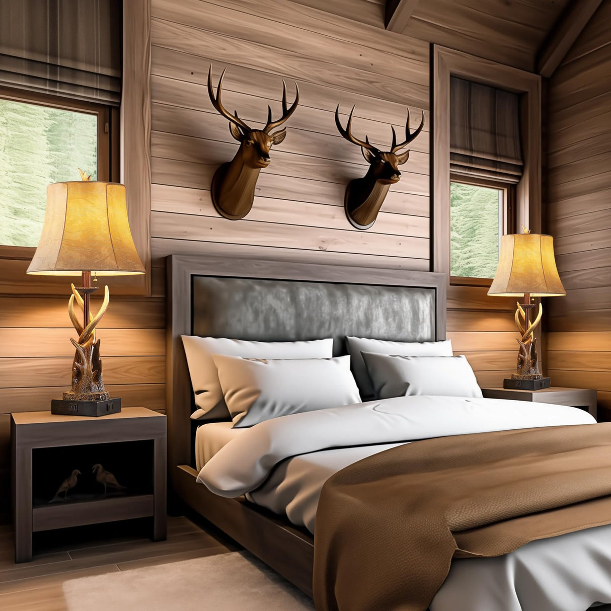 Antler Table Lamps Set of 2 with USB A+C Ports for Bedroom Farmhouse Deer Rustic