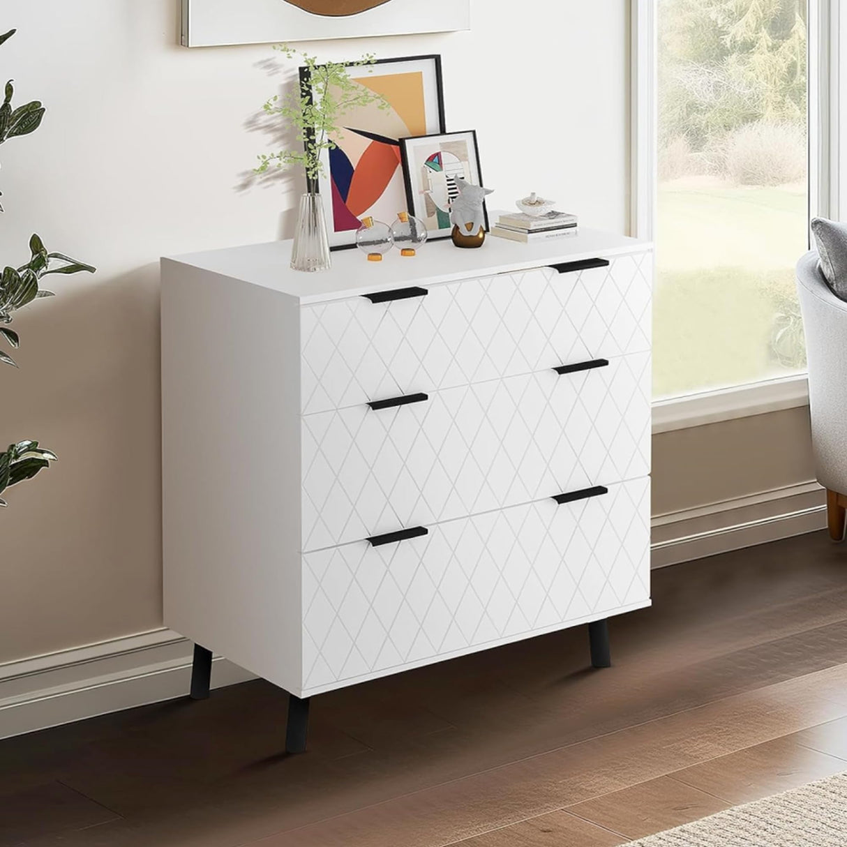 White 3 Drawer Dresser for Bedroom, Wood Chest of Drawers