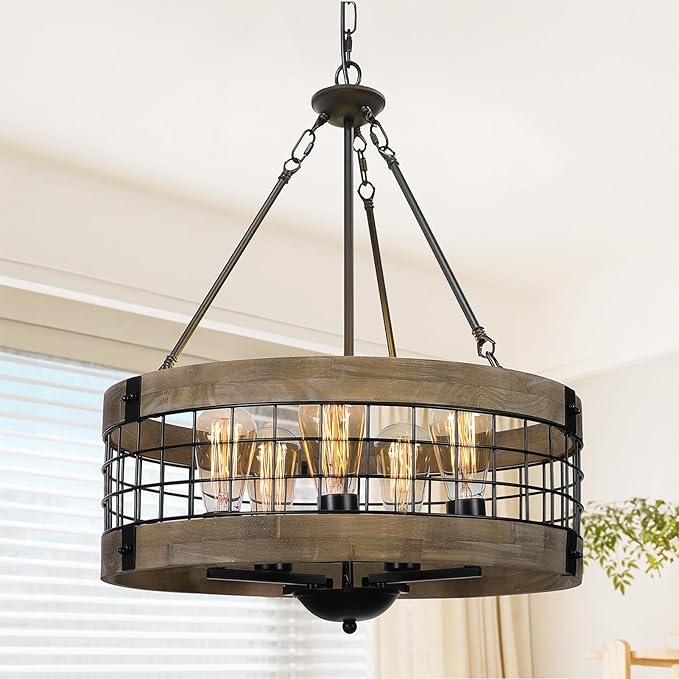 LamQee 24 Inch Farmhouse Dining Room Light Fixture, 6 Lights Modern Farmhouse Chandelier with Wood and Black Metal Shade, Large Rustic Chandeliers Hanging Pendant Lighting for Kitchen Entryway Foyer