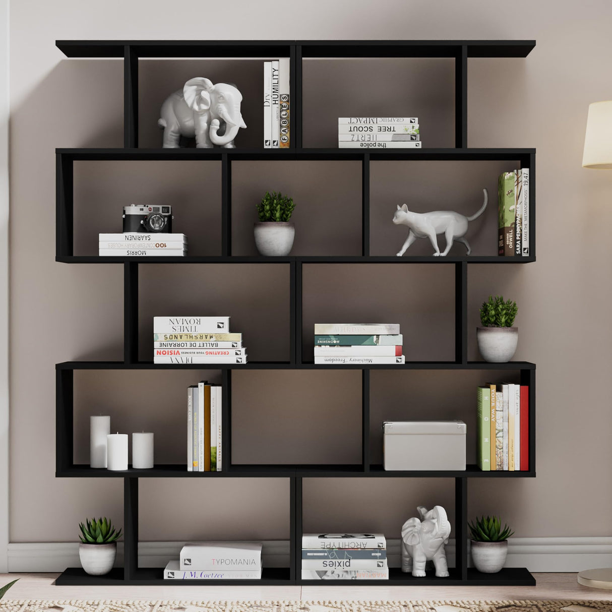 Castle Set of 2 Geometric Bookcase, S-Shaped Modern Bookshelf, Room Divider Bookshelf, 62" Tall Unique Abstract Bookcase with 5-Tier Display Shelf for Living Room Office, Black
