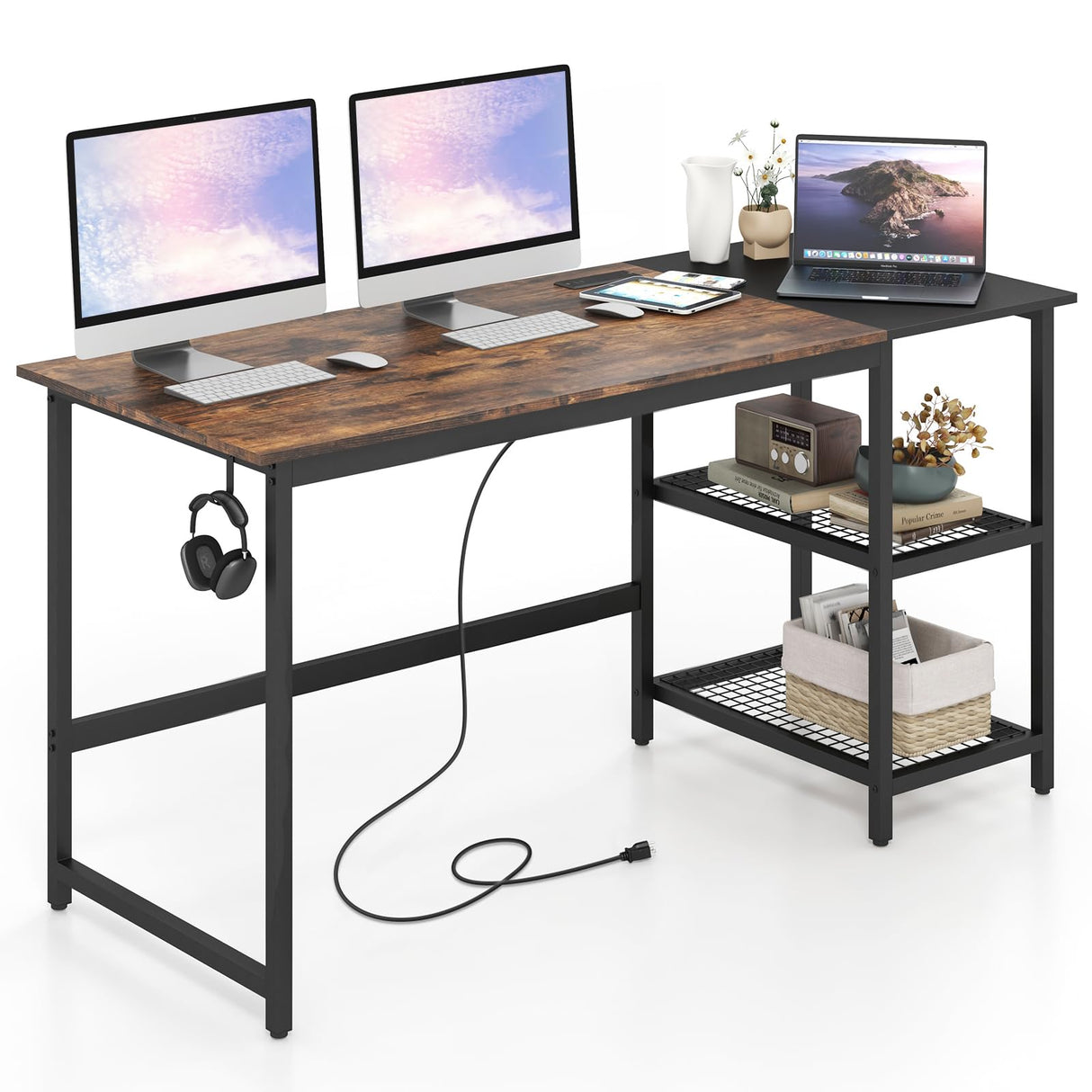 59 Inch Computer Desk with Charging Station, Home Office Desk with Hook & 2 Tier Storage Shelves, Industrial Modern PC Laptop Desk Computer Workstation Writing Study Desk with Metal Frame